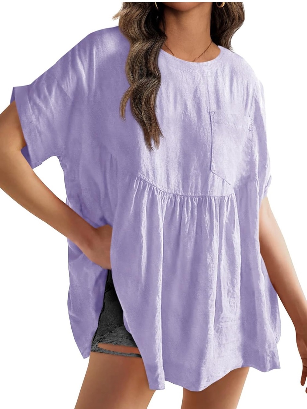 Relaxed Lavender Short Sleeve Peplum Top